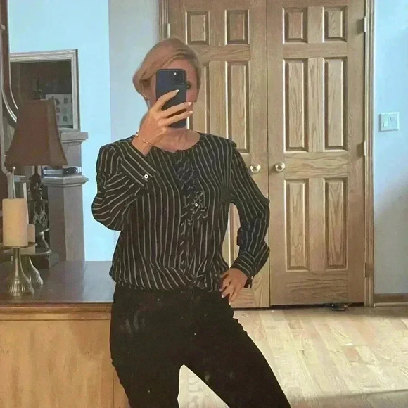 United Colors of Benetton Navy Striped Long Sleeve Blouse L - Picture 10 of 13